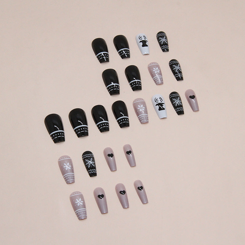 Snowflake Elk Black White Press on Nails 24Pcs Long Ballerina Nails