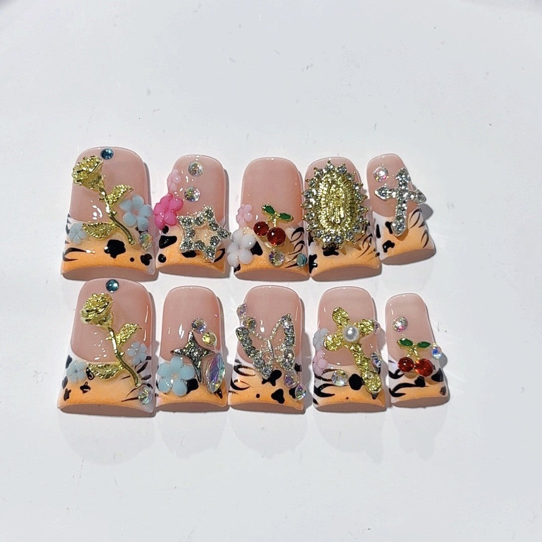 Leopard Bloom（Handmade press on nails）/10Pcs Square Nails