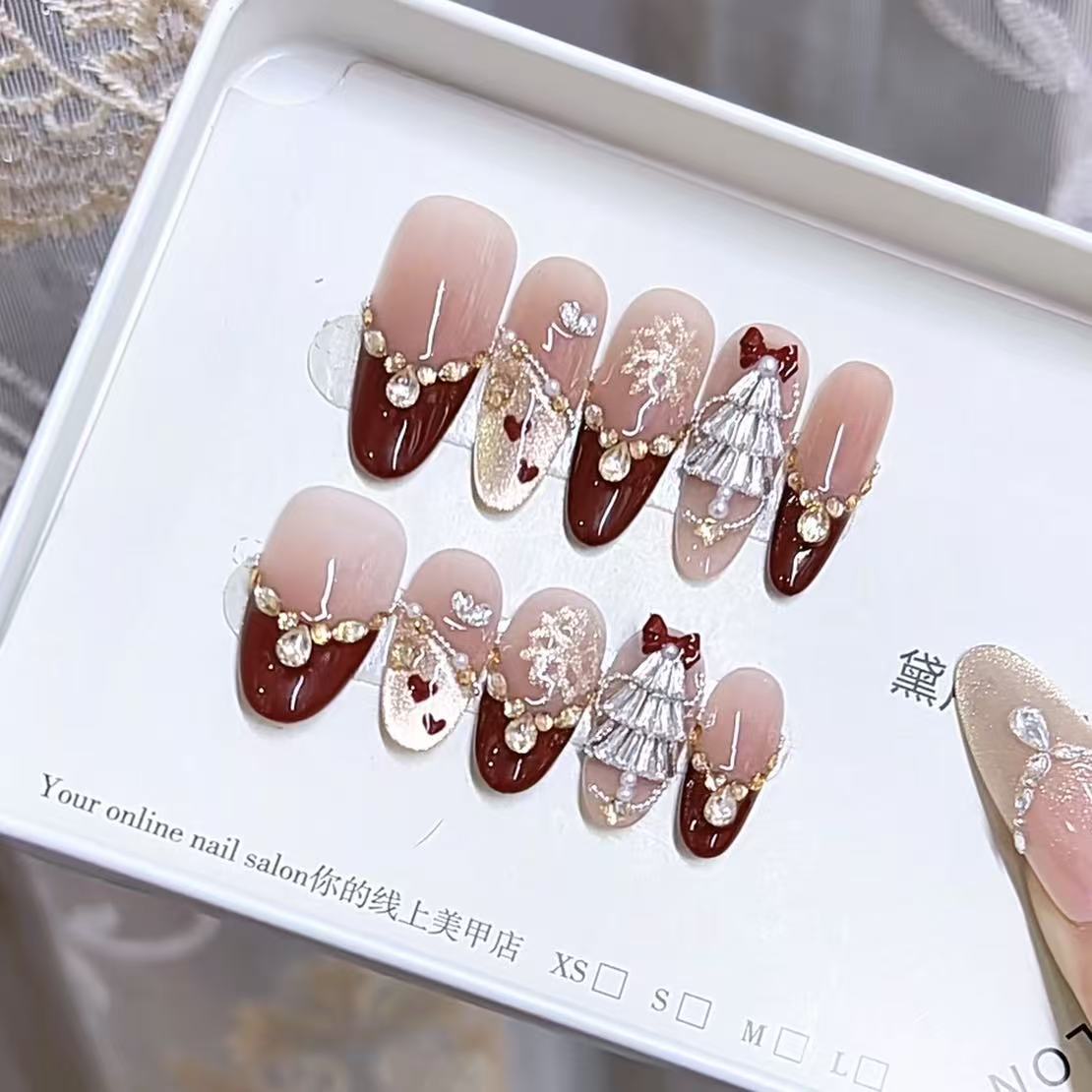 French Love Christmas（Handmade press on nails）/10Pcs Almond Nails