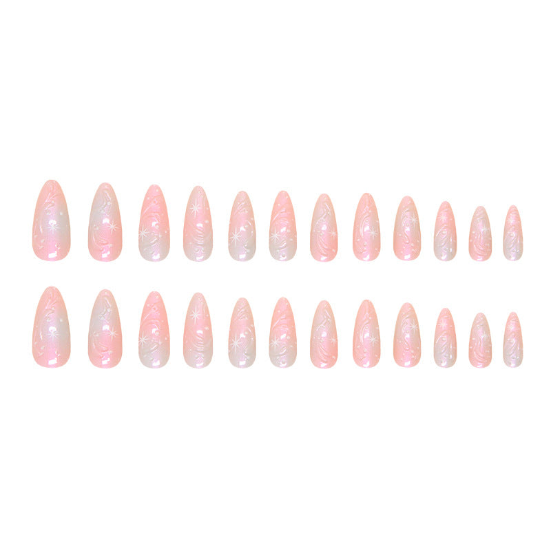 Pearlescent Pink Blue Gradient Color Press on Nails 24Pcs Medium Almond Nails