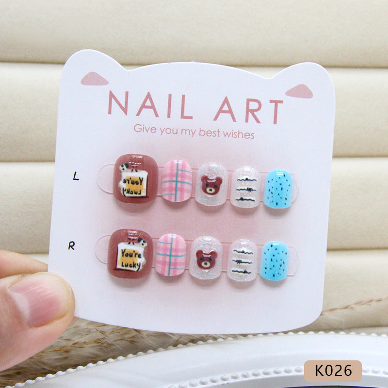 Bear Cat Eye Blue Pink Plaid（Handmade Press On Nails）/10Pcs Short Children's Nails