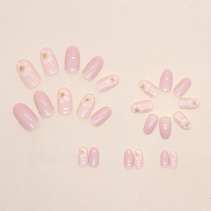 Pink Flowers Press on Nails 24Pcs Short Oval Nails