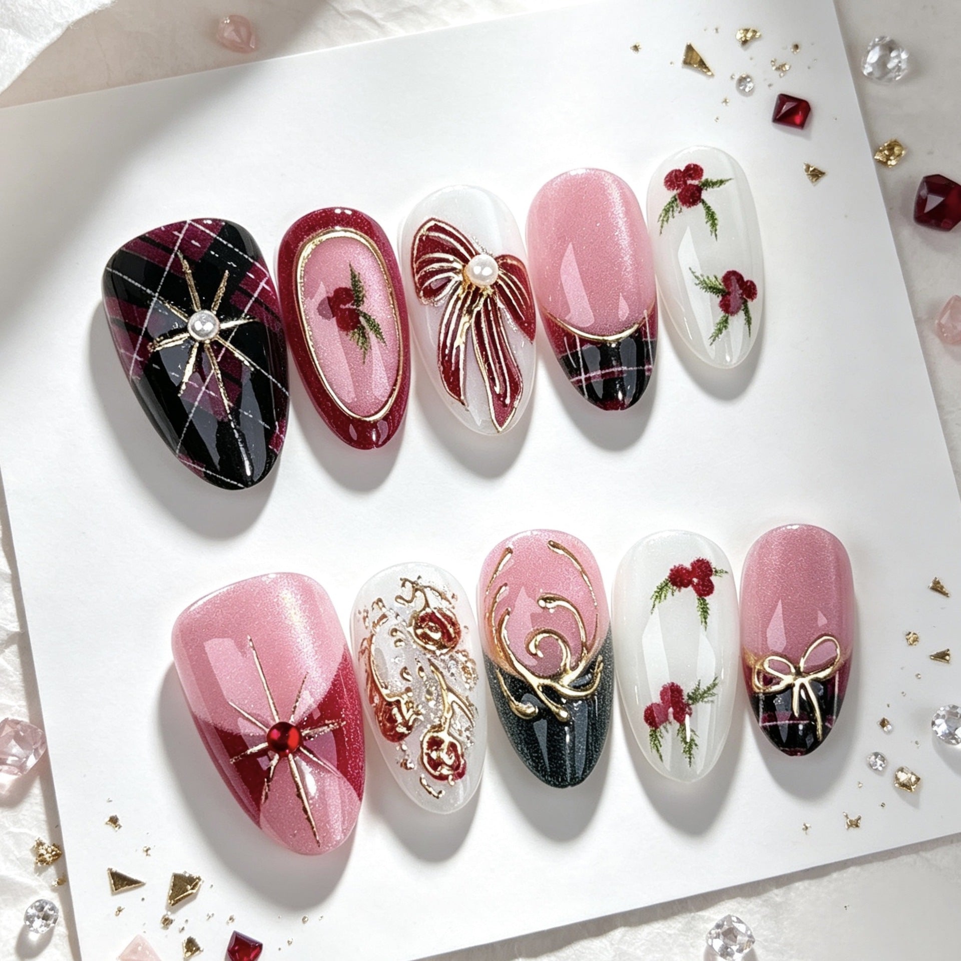 Christmas Gilt Bow Presson on Nails 10Pcs Medium Almond Nails