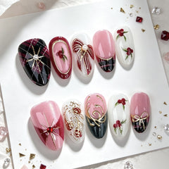 Christmas Gilt Bow Presson on Nails 10Pcs Medium Almond Nails