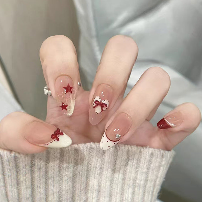 French Polka Dot Bow Press on Nails 24Pcs Medium Almond Nails