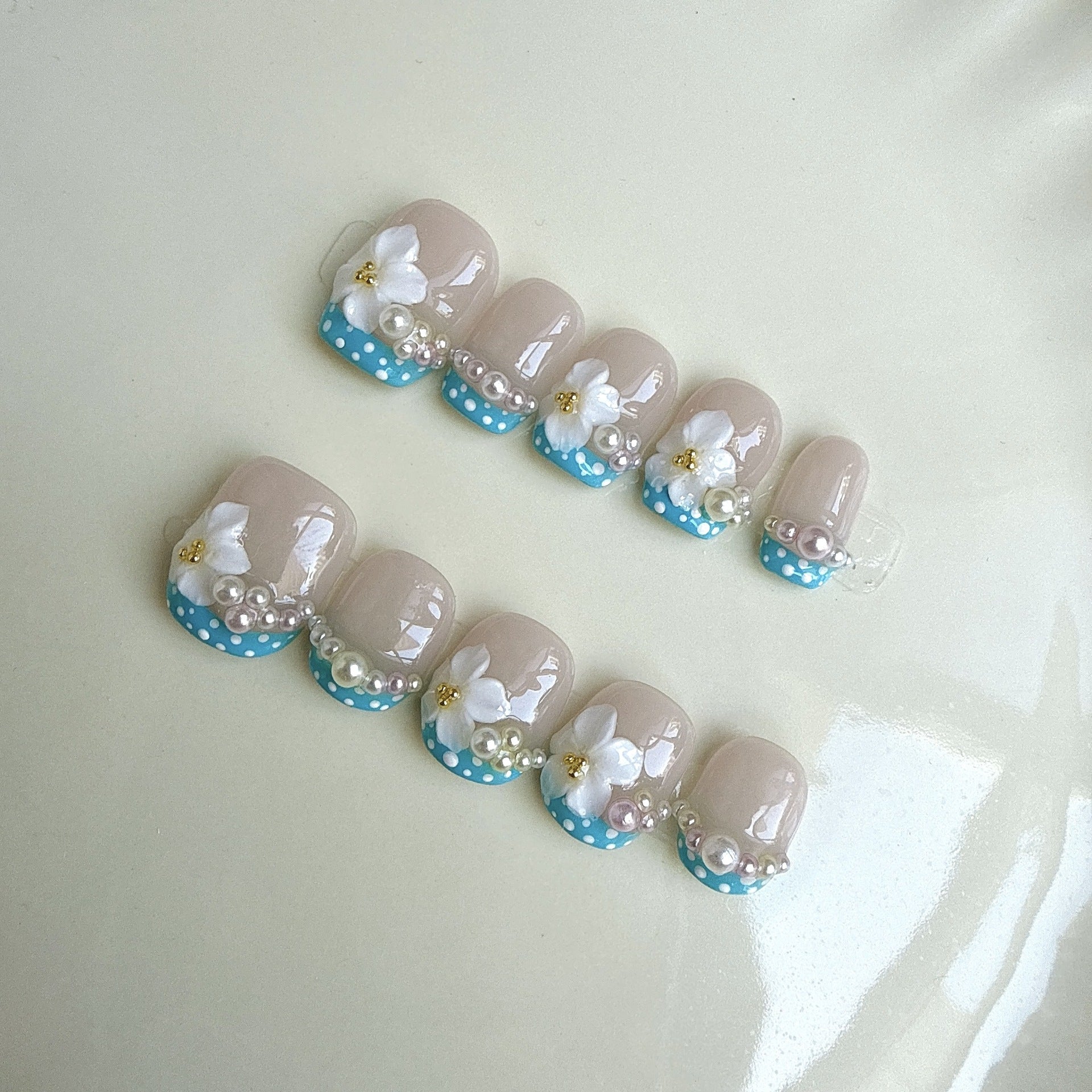3D Flower Pearl French（Handmade press on nails）/10Pcs Square Nails