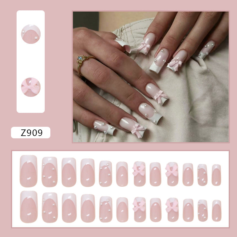 French Bow Pearls Pink Press on Nails 24Pcs Medium Squoval  Nails