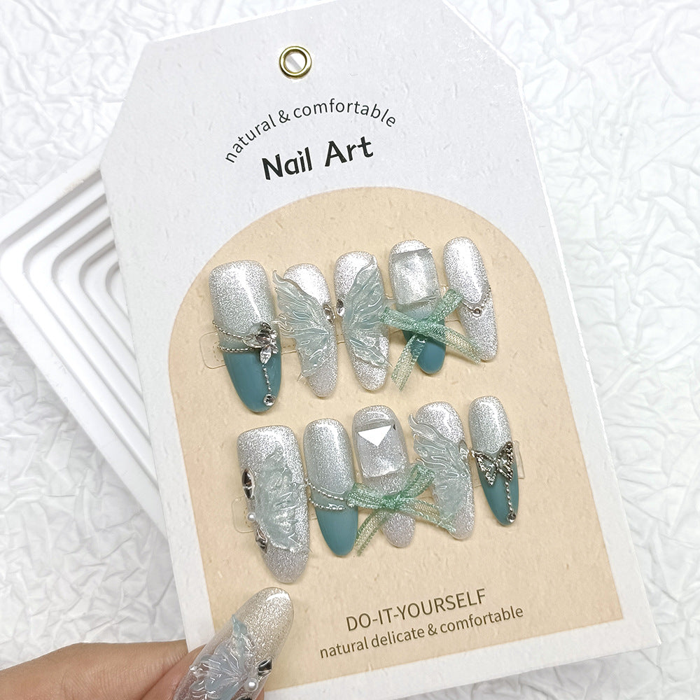 Blue Half-Winged Bow Cat Eye（Handmade press on nails）/10Pcs Almond Nails