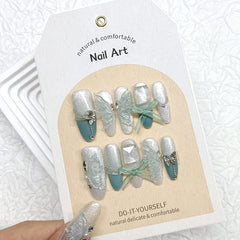 Blue Half-Winged Bow Cat Eye（Handmade press on nails）/10Pcs Almond Nails