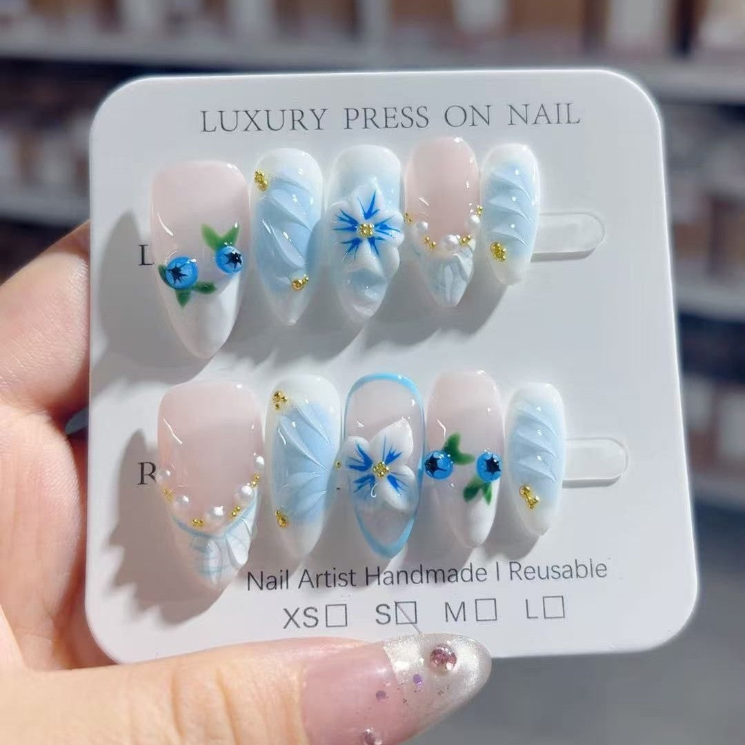 Line Blueberry Flower（Handmade press on nails）/10Pcs Almond Nails