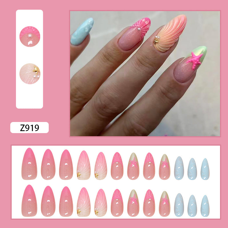 Colorful 3D seashells Summer Press on Nails 24Pcs Medium Almond Nails