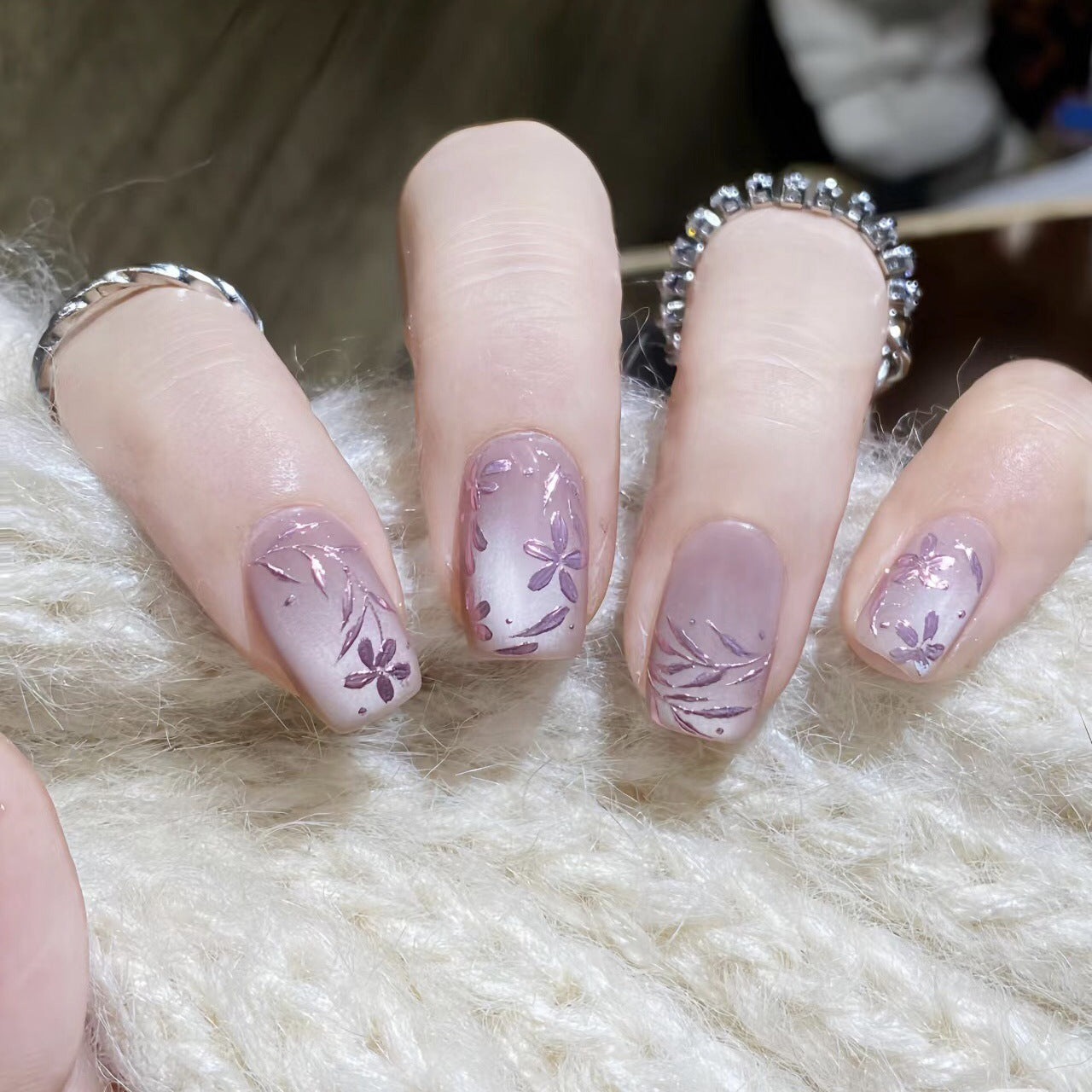Romantic Purple 3D Enamel Flower Cat Eye（Handmade press on nails）/10Pcs Squoval Nails