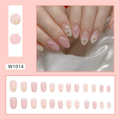 Pink Flowers Press on Nails 24Pcs Short Oval Nails