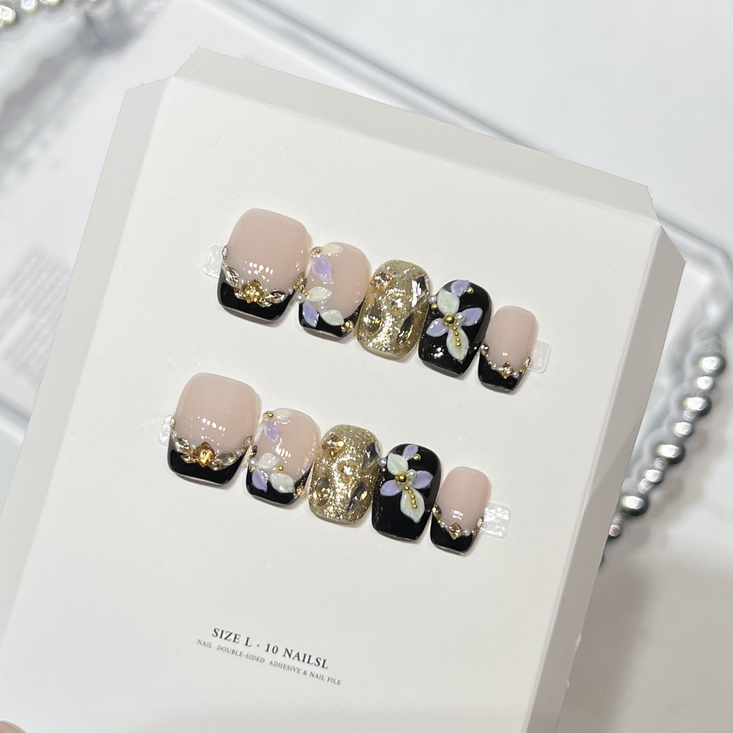 Three-Dimensional Carved Zircon（Handmade press on nails）/10Pcs Square Nails