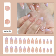 French 3D Bow Flowers Purple Press on Nails 24Pcs Medium Almond Nails