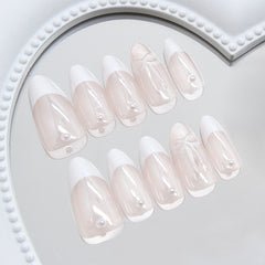 French Pearl Bow（Handmade press on nails）/10Pcs Almond Nails