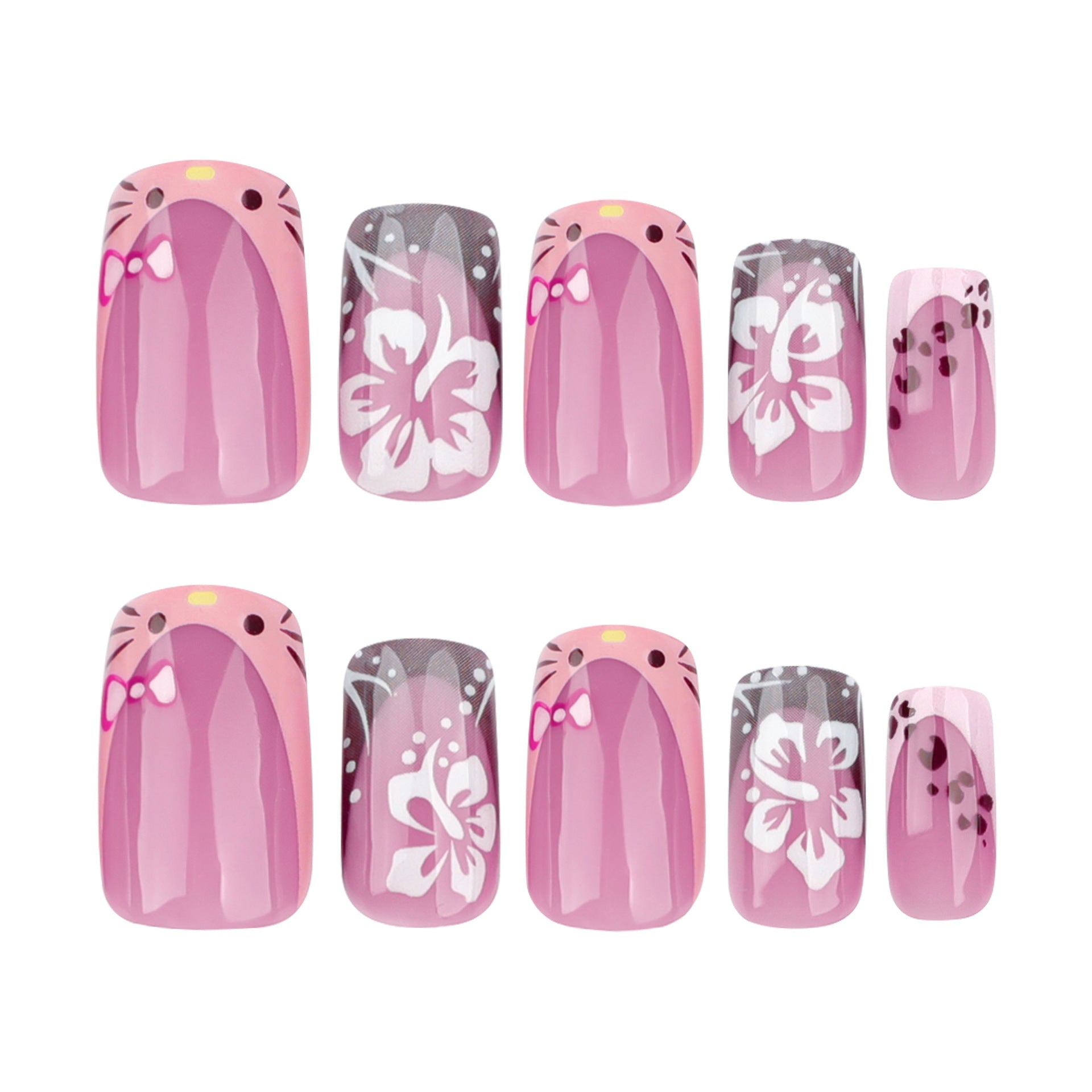 French Kitty Flower Press on Nails 24Pcs Medium Squoval Nails