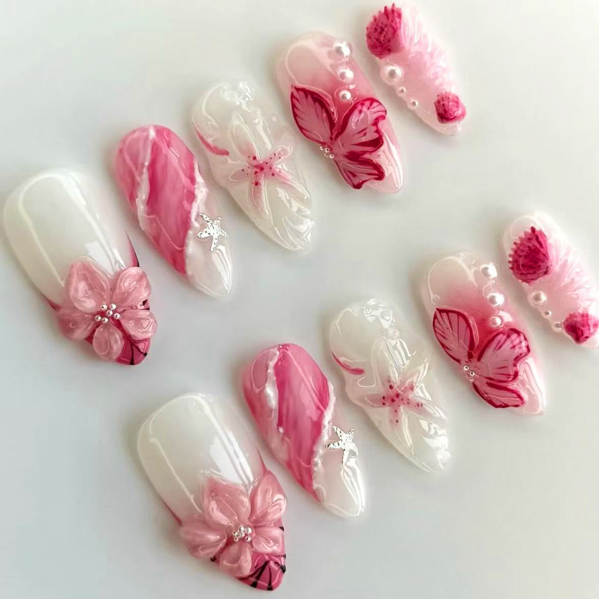 Pink 3D Flower Cat Eye（Handmade press on nails）/10Pcs Almond Nails