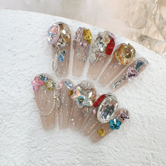 Sparkling Colored Diamonds Handmade press on Nails / 10Pcs  Ballerina Nails