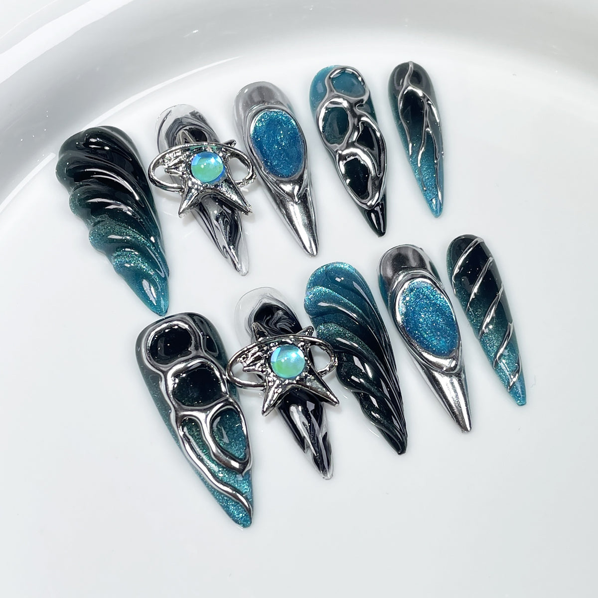 Ocean Handmade press on Nails / 10Pcs Stiletto Nails