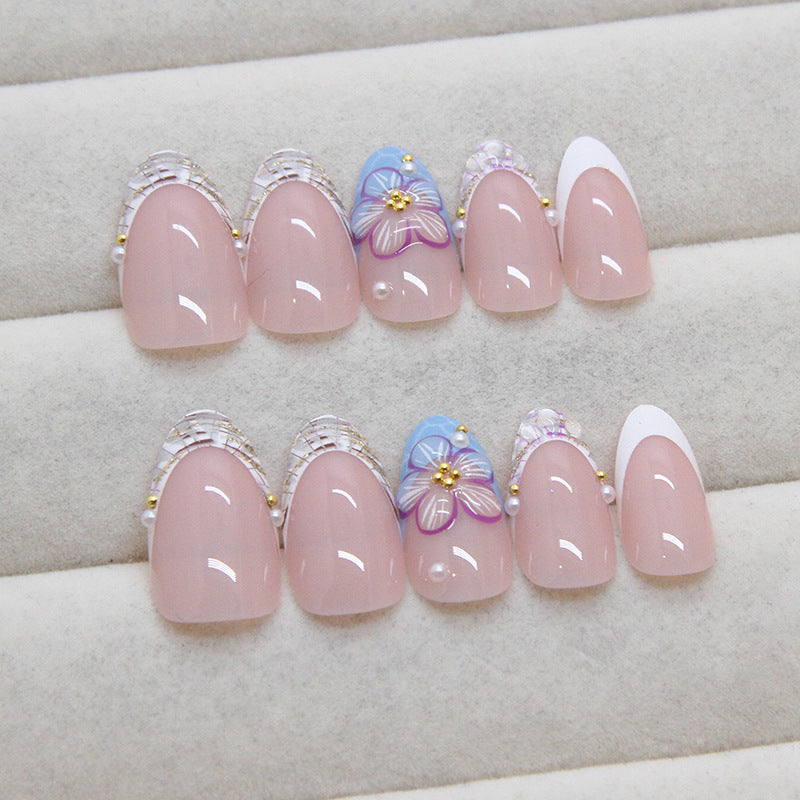 French 3D Flower Press on Nails 24Pcs Medium Almond Nails