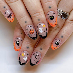 Cute Pumpkin Ghost Press on Nails 24Pcs Short Almond Nails  