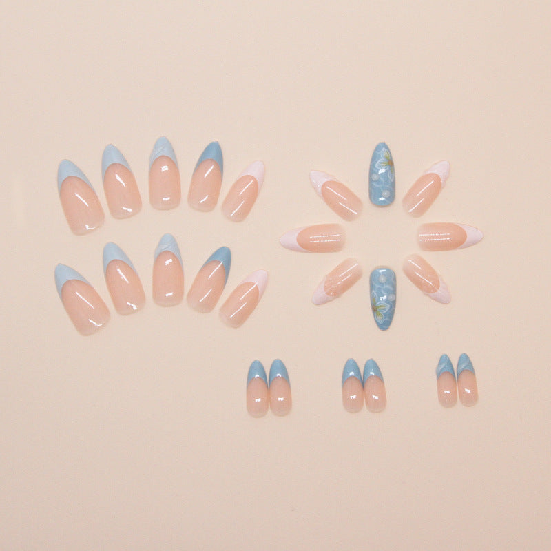 Summer Sea Wave Shells Blue Press on Nails 24Pcs Medium Almond Nails