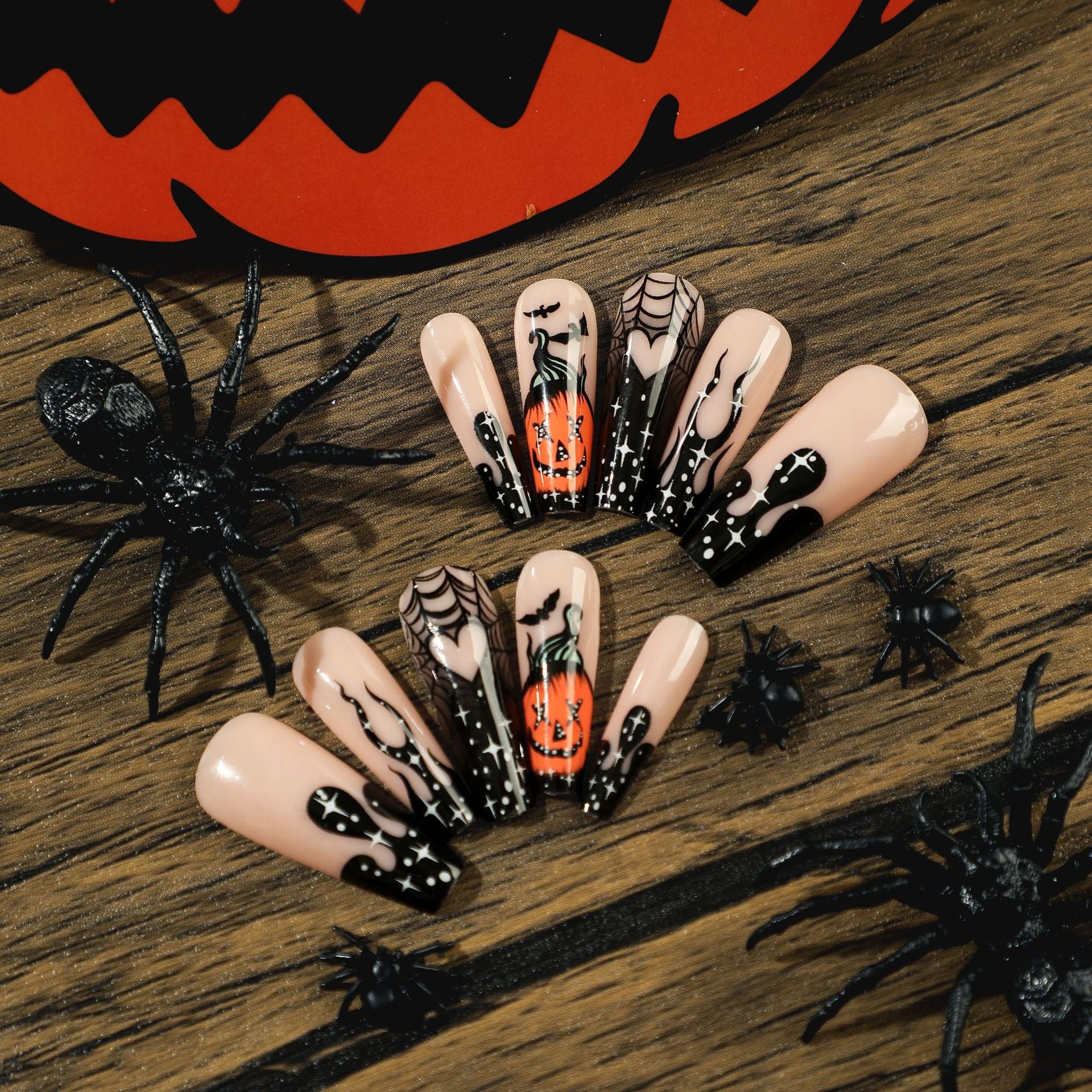 Black Flame Pumpkin Spider Web Press on Nails 24Pcs Long Ballerina Nails  