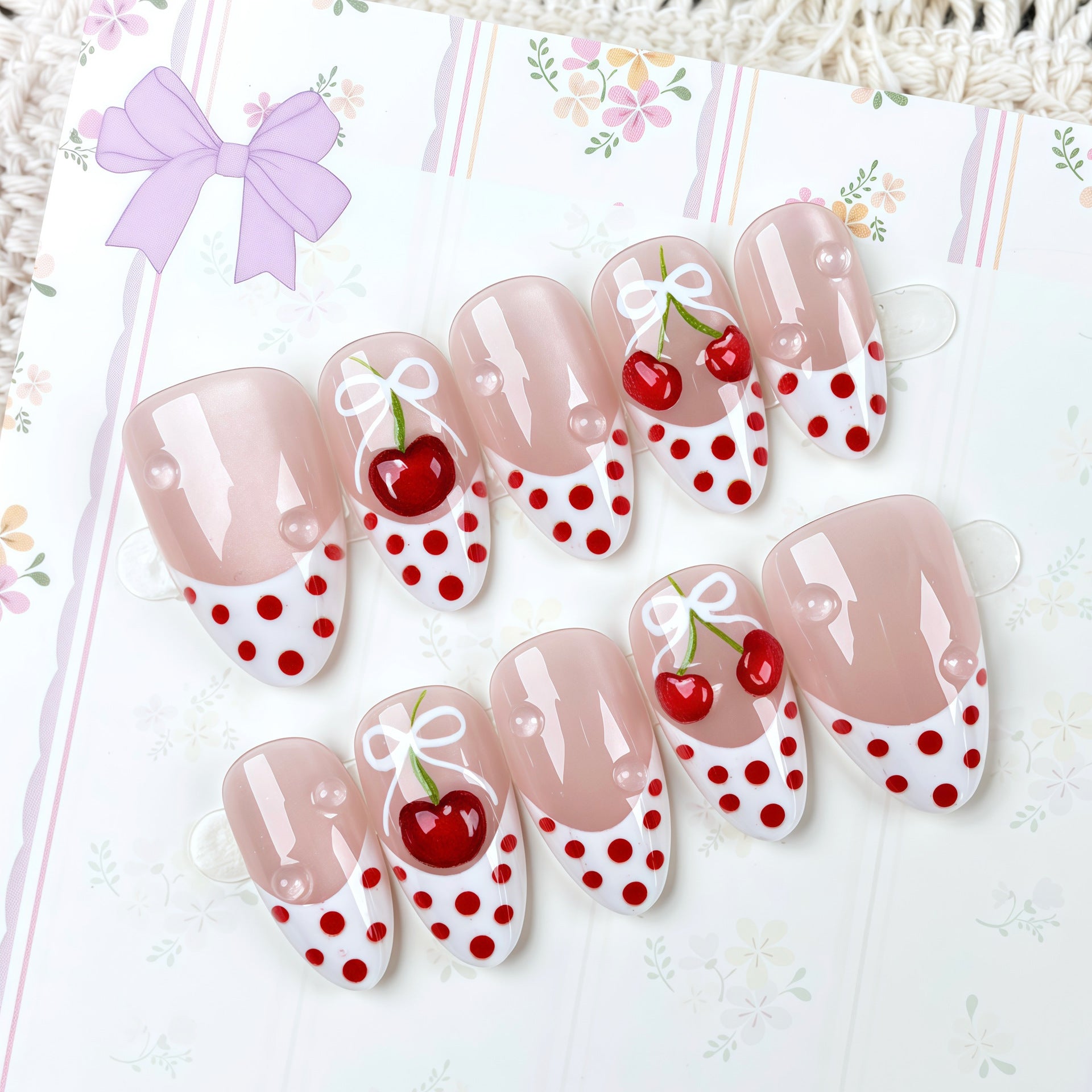French 3D Cherry Presson on Nails 10Pcs Medium Almond Nails