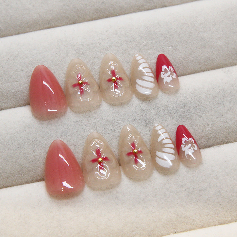 Blush 3D Flowers Pink Press on Nails 24Pcs Short Almond Nails