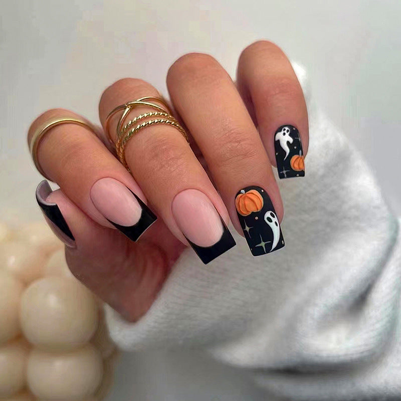 Pumpkin Ghost Press on Nails 24Pcs Medium Squoval Nails  