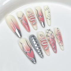 Silver Snake Handmade press on Nails / 10Pcs Stiletto Nails