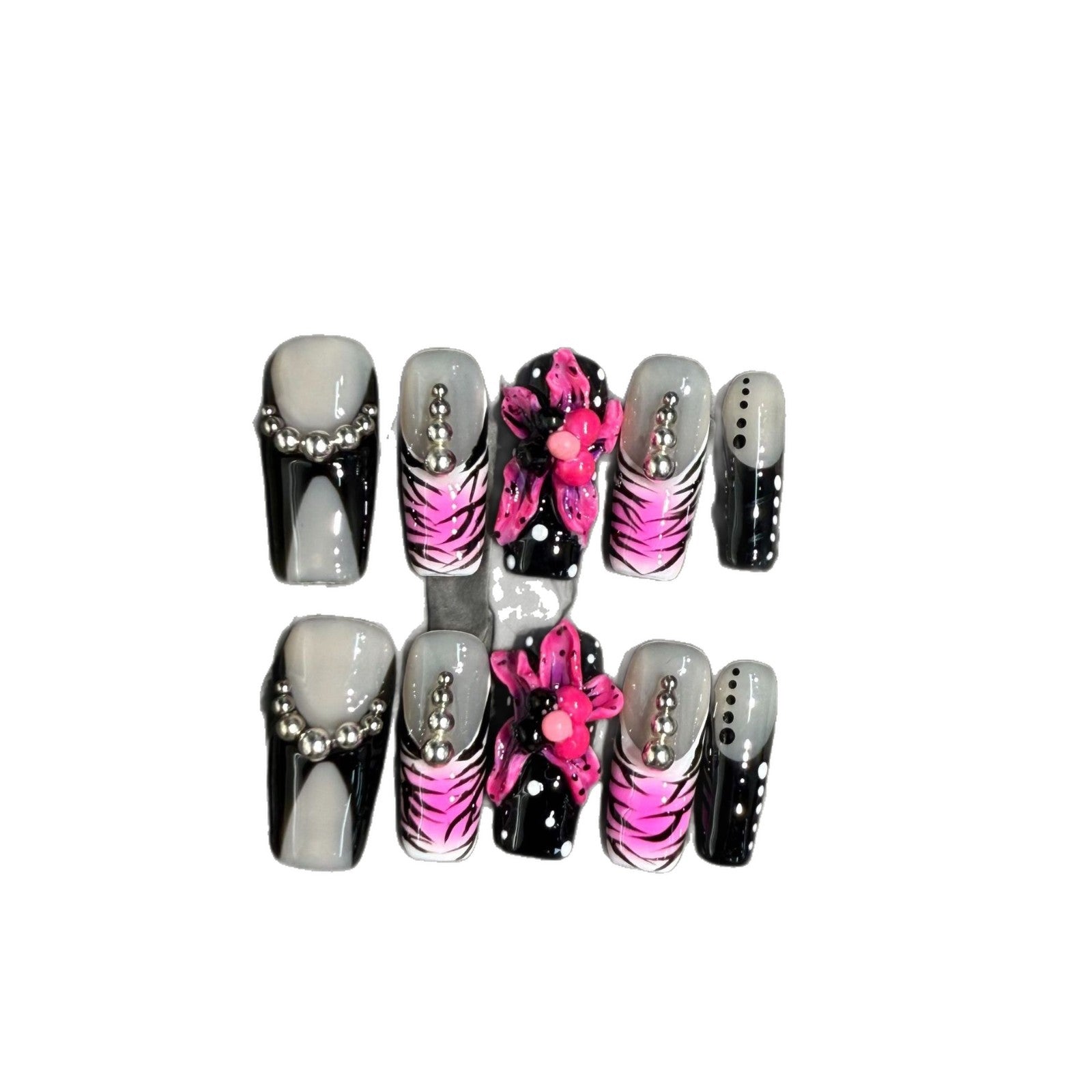 Pink Stripes 3D Flower（Handmade press on nails）/10Pcs Square Nails
