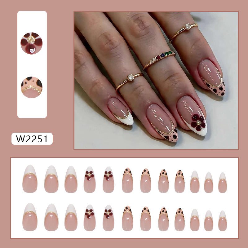 French Leopard Print Flower Presson on Nails 24Pcs Medium Almond Nails