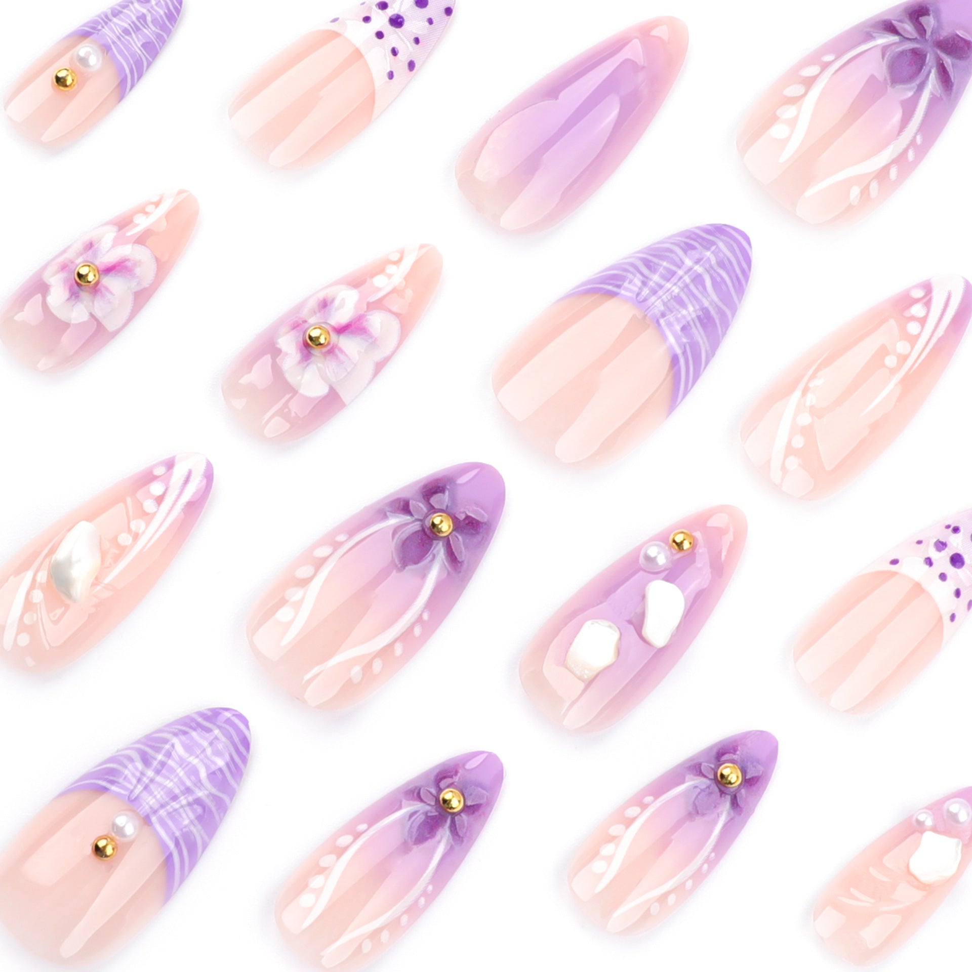 Purple Blooming 3D Flowers Press on Nails 24Pcs Medium Almond Nails