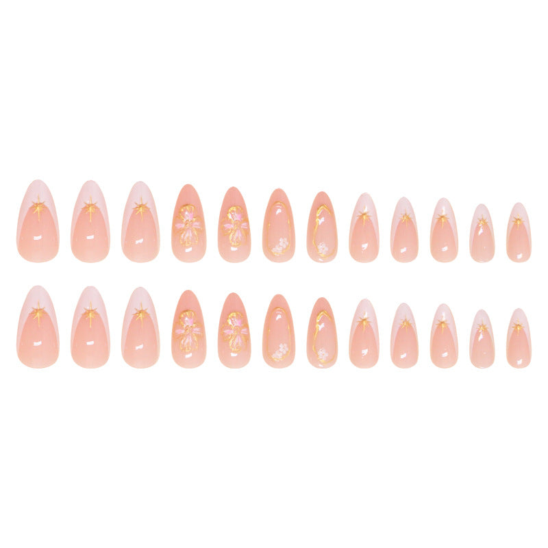 French 3D Flower Nude Press on Nails 24Pcs Medium Almond Nails