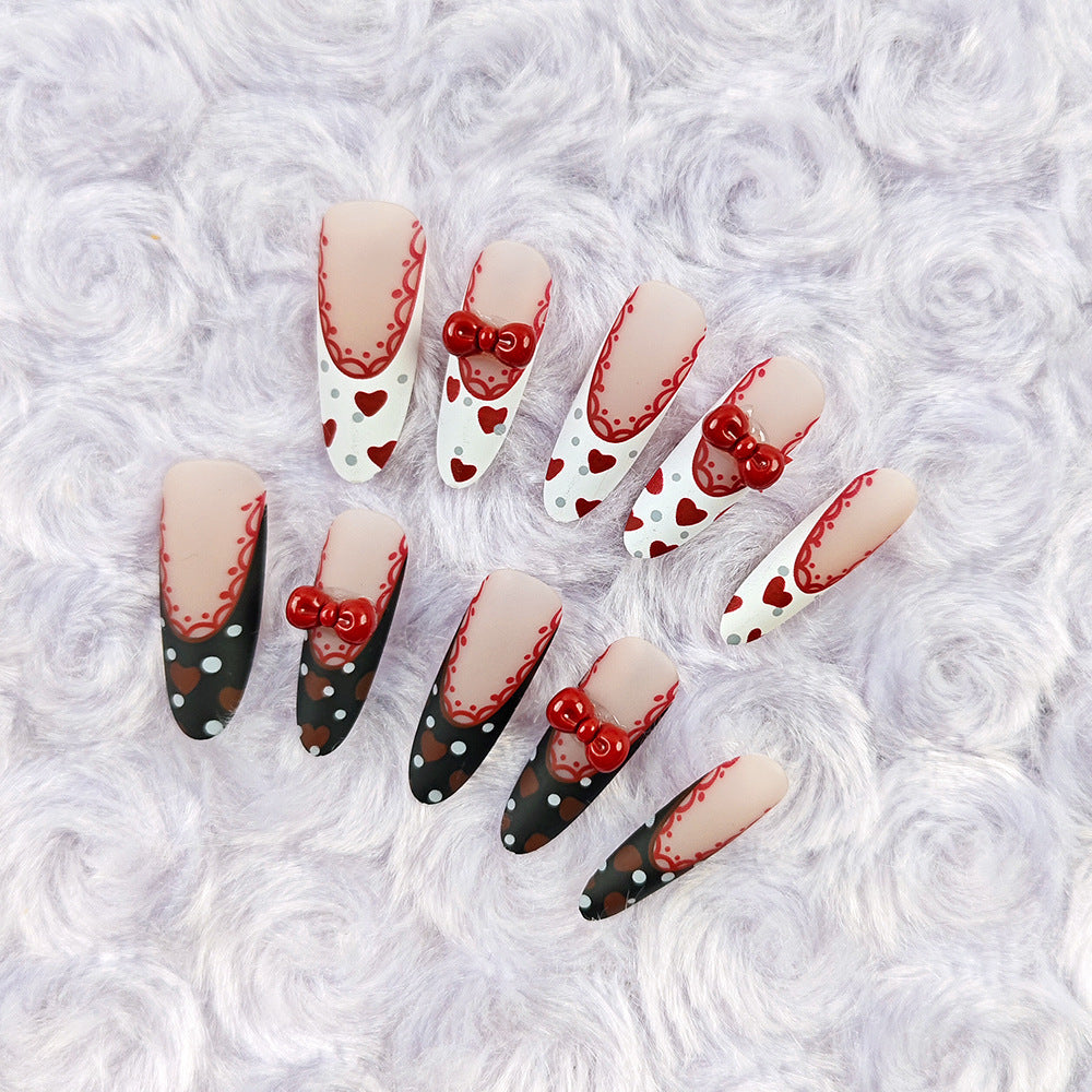 Lace Black Red French（Handmade press on nails）/10Pcs Stiletto Nails