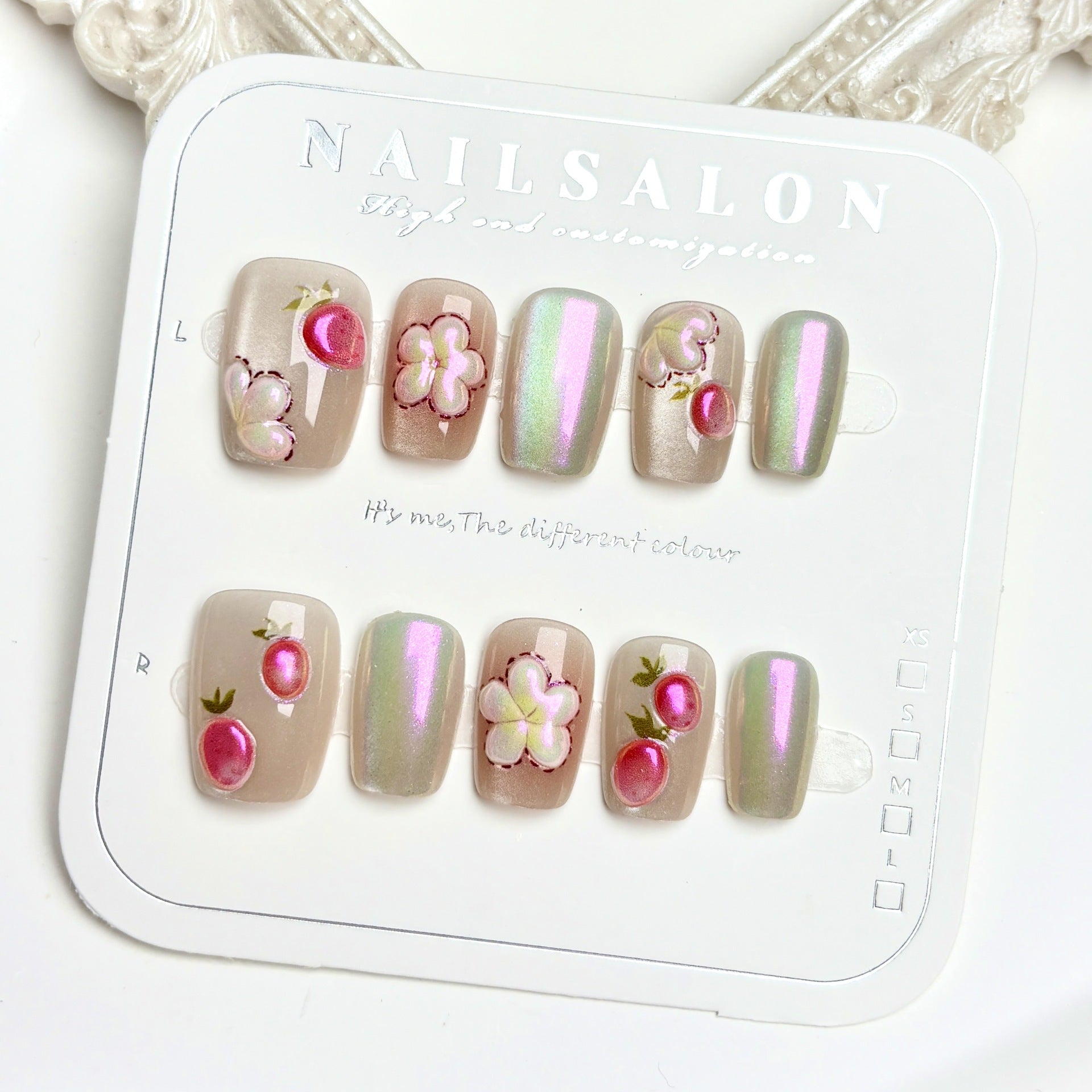 3D Flowers & Strawberry（Handmade press on nails）/10Pcs Square Nails