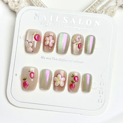 3D Flowers & Strawberry（Handmade press on nails）/10Pcs Square Nails