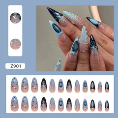 3D Pearl Shell Blue Press on Nails 24Pcs Medium Almond Nails