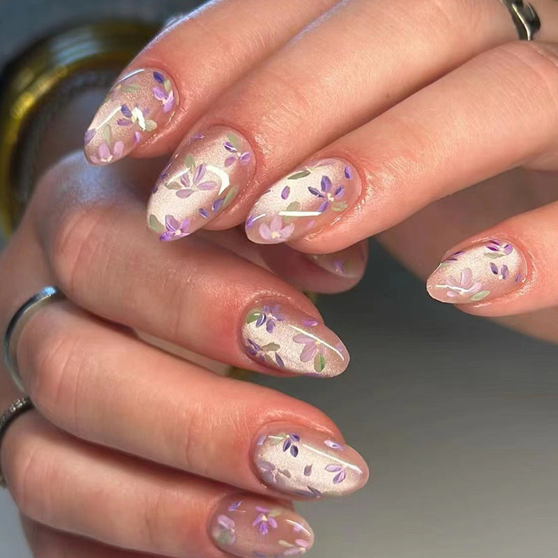 Cat Eye Purple Flowers Press on Nails 30Pcs Short Almond Nails