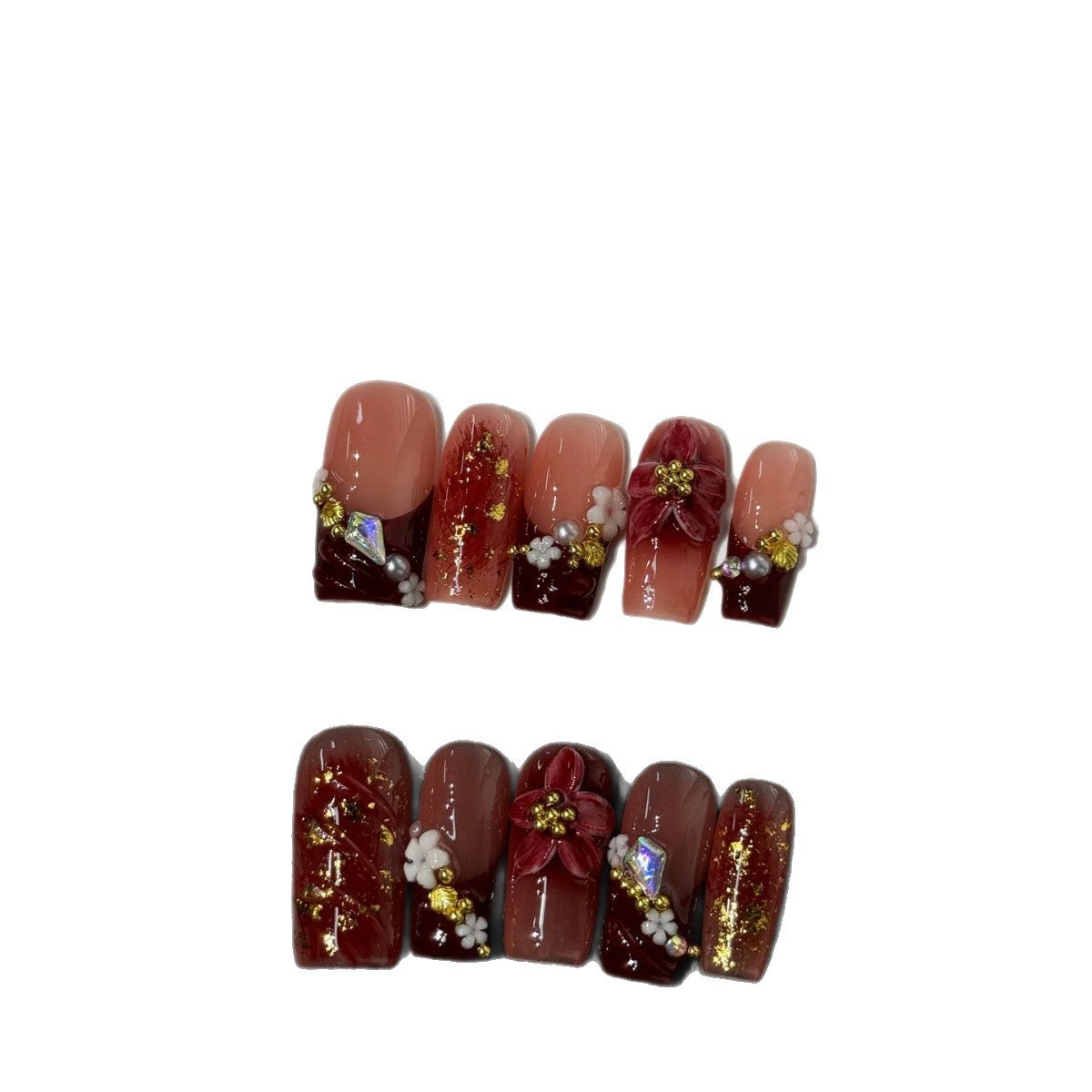 Burgundy Floral（Handmade press on nails）/10Pcs Square Nails