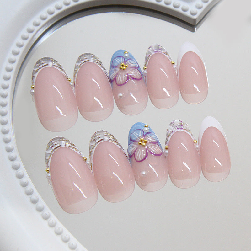 French 3D Flower Press on Nails 24Pcs Medium Almond Nails