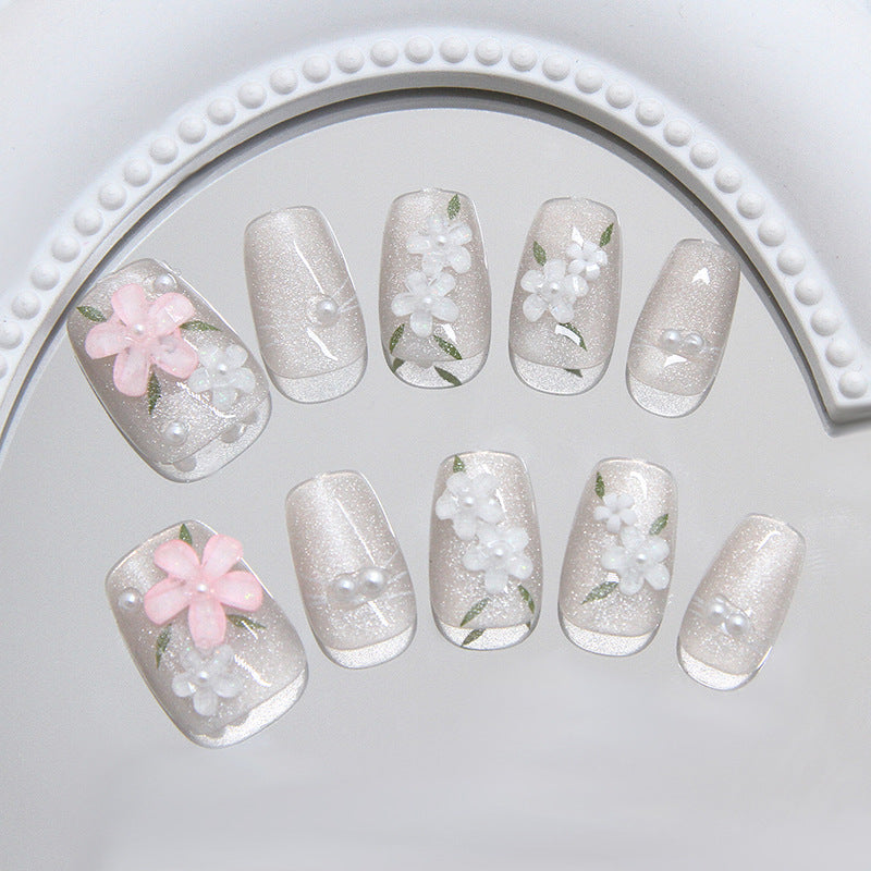 3D Spring Flowers Cat Eye（Handmade press on nails）/10Pcs Squoval Nails