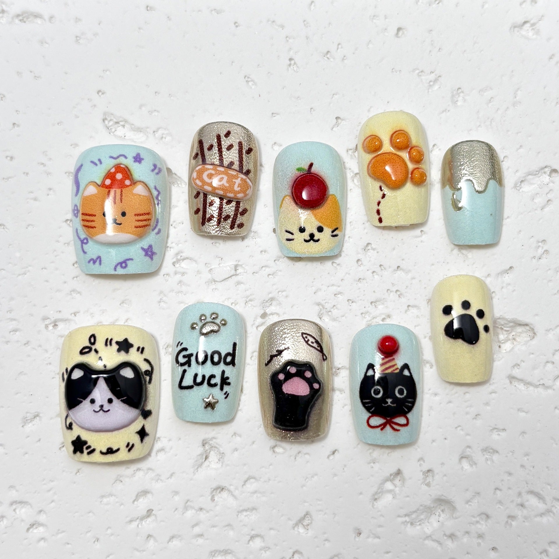 3D Cute Cat（Handmade press on nails）/10Pcs Square Nails