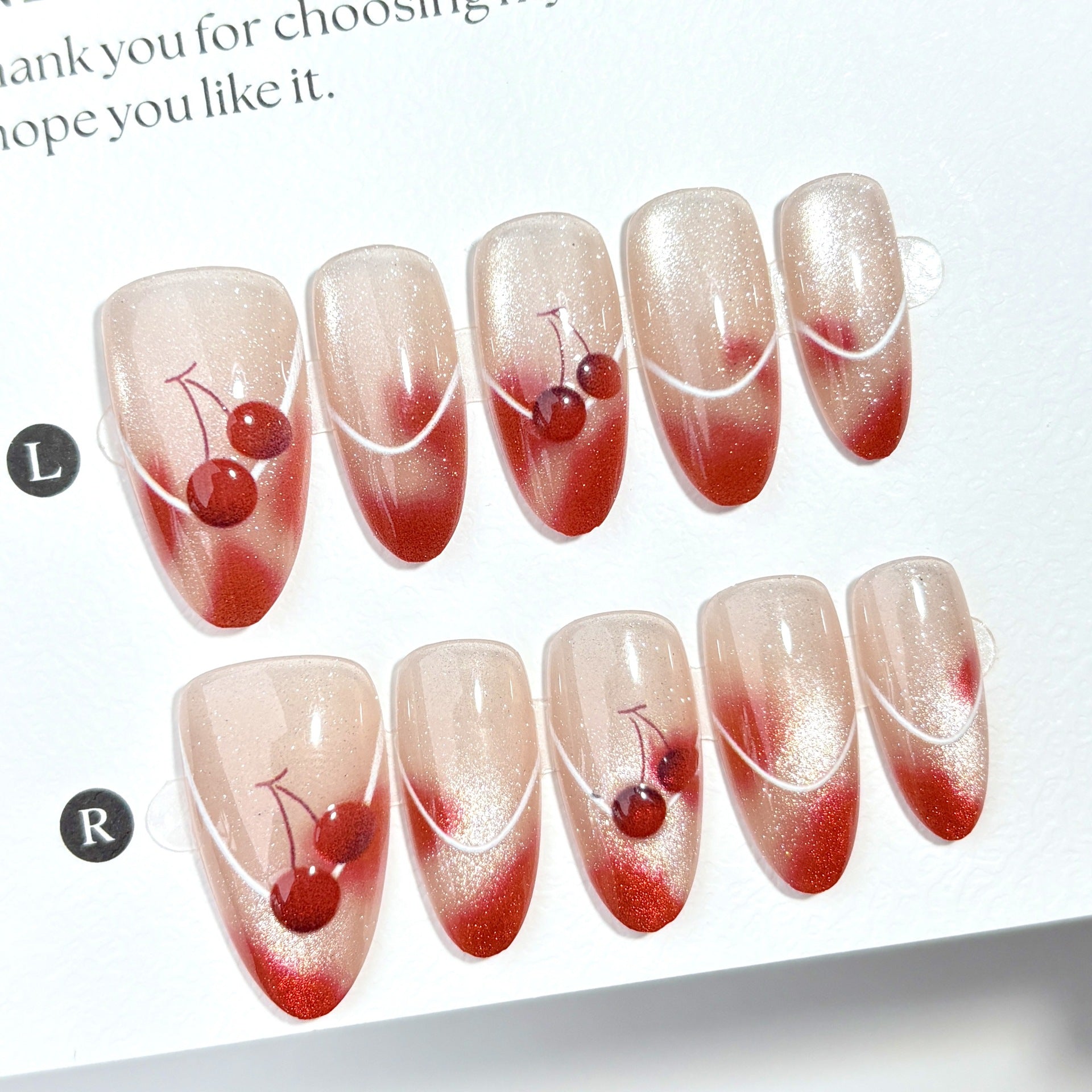 Smudge Cherry Cat Eye（Handmade press on nails）/10Pcs Almond Nails