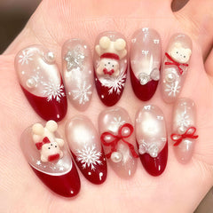 Snowflake Bear Presson on Nails 10Pcs Medium Almond Nails
