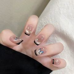 Black Edge French Diamond Cat Eye Press on Nails 24Pcs Short Square Nails