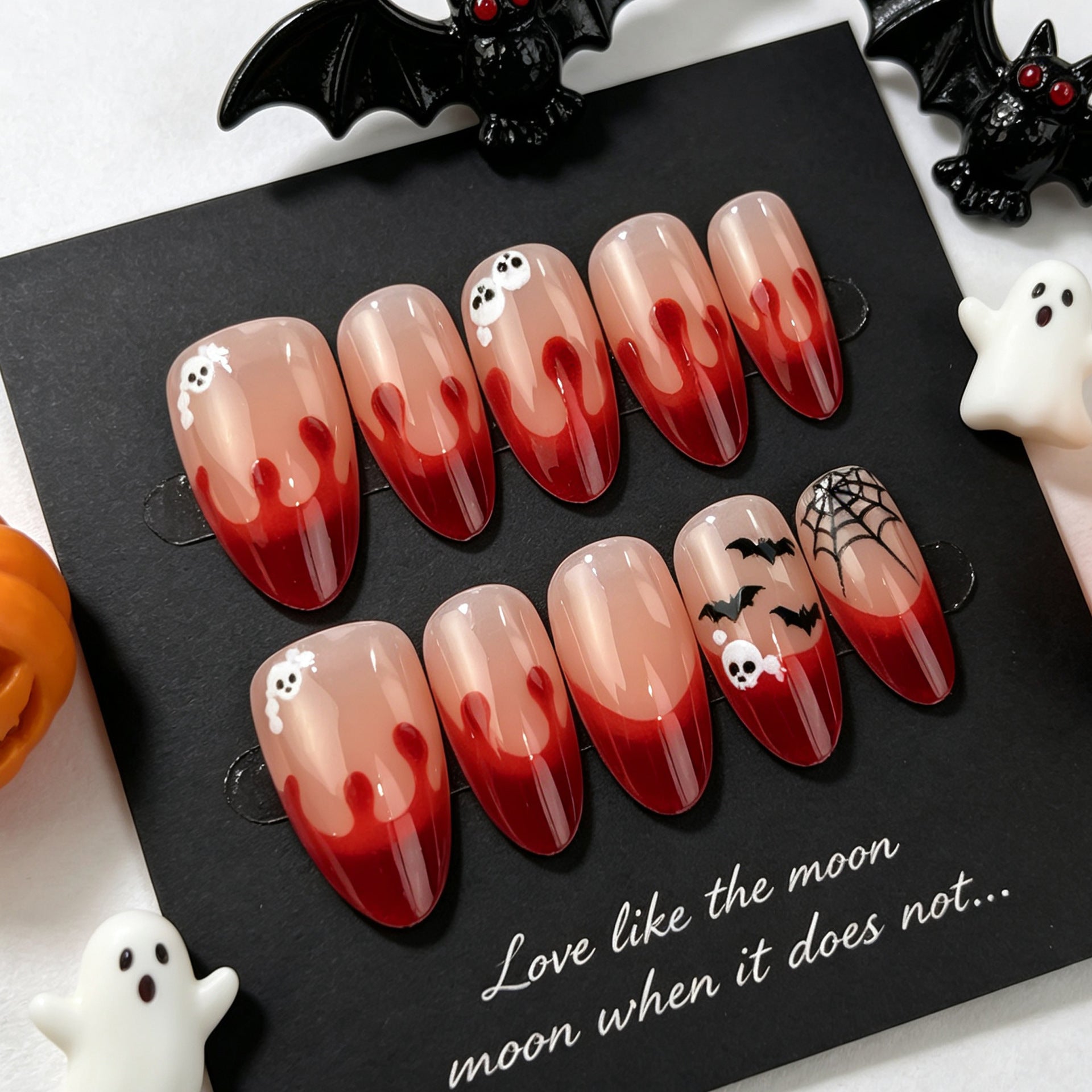 Blood-Drop French Bat Presson on Nails 10Pcs Medium Almond Nails