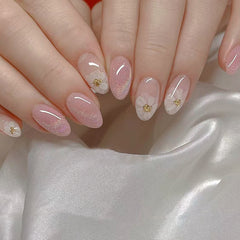 Pink Flowers Press on Nails 24Pcs Short Oval Nails